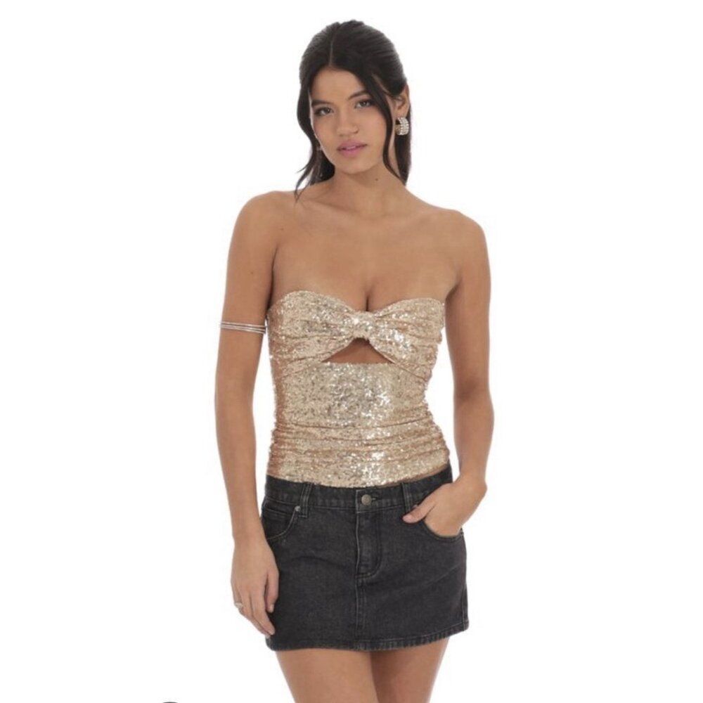 lucy in the sky gold bow sequin Party tube Strapless Top Small